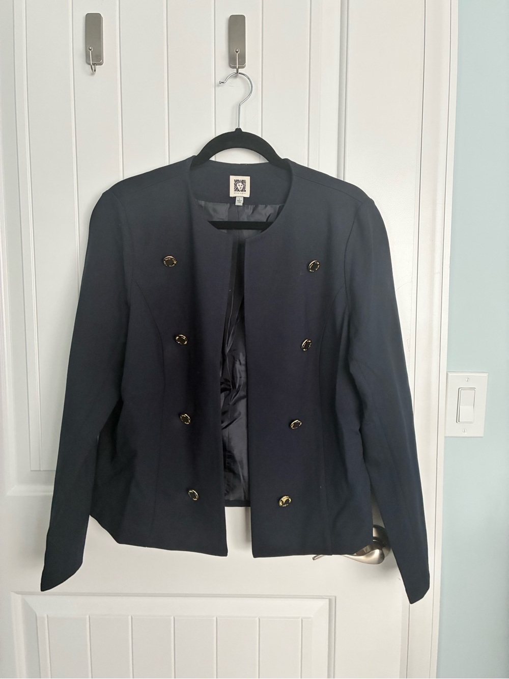 Anne Klein Navy Double-Breasted Collarless Blazer with Gold Buttons